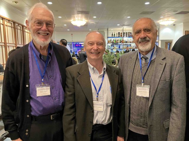 Prof. Van de Walle surrounded by his PhD advisor, Prof. Richard Martin, and his postdoctoral advisor, Prof. Sokrates Pantelides.