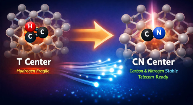 Advantage of the the carbon- and nitrogen-stable, telecom-ready CN center defect in silicon (right) over the "hydrogen fragile" T Center.