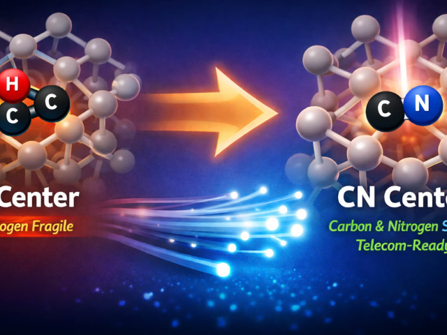 An AI-generated image depicts the advantage of the the carbon- and nitrogen-stable, telecom-ready CN center defect in silicon (right) over the "hydrogen fragile" T Center.